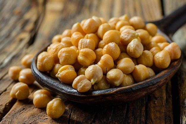 Boiled chickpeas on a spoon closeup