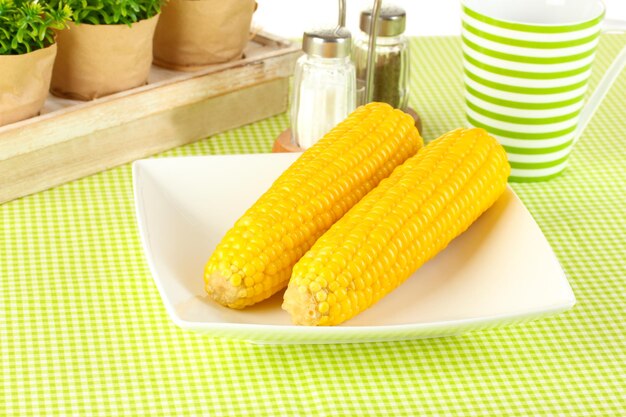 Boiled corn and flowers on a white background