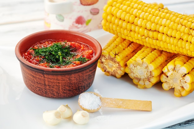 Boiled corn shot close-up in the studio