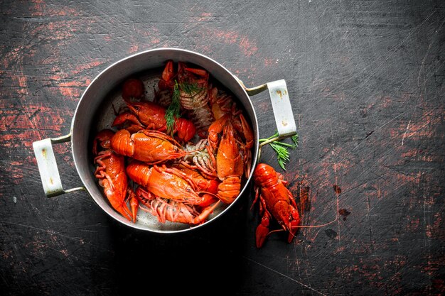 Boiled crayfish in a pan