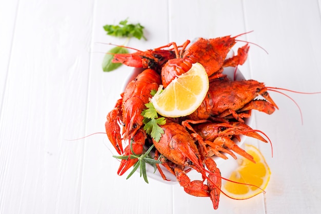 Boiled crayfish in the plate