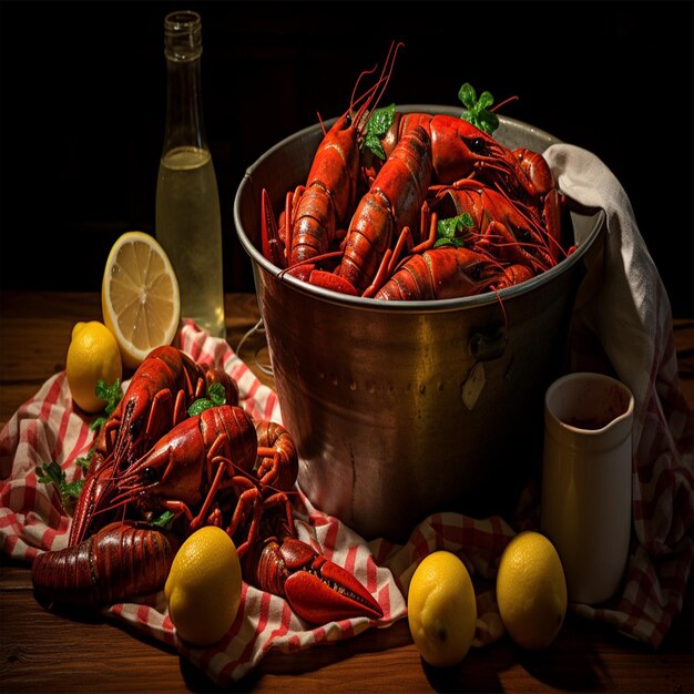 Boiled crayfish with a glass of beer and lemon