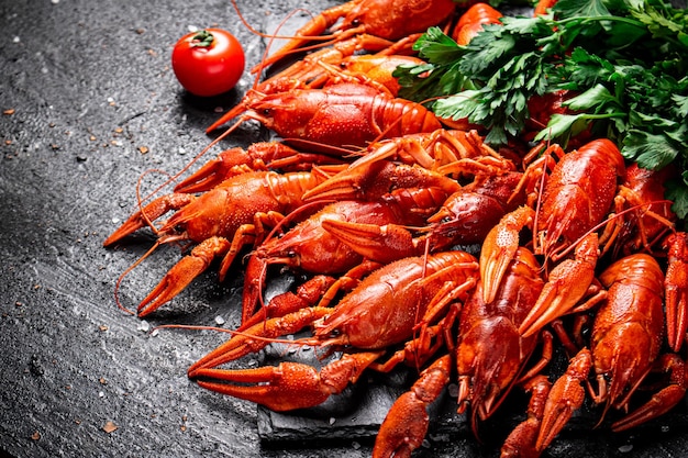 Boiled crayfish with parsley On a black background