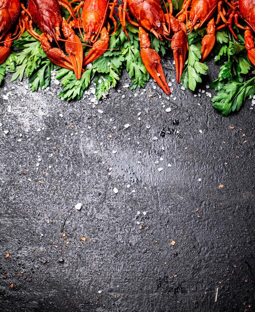 Boiled crayfish with parsley On a black background