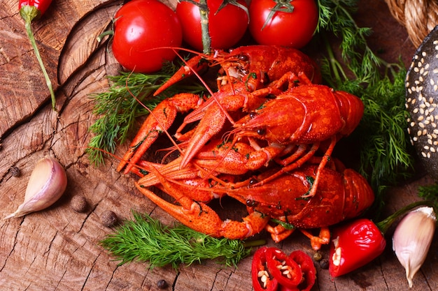 Boiled crayfish on wooden background