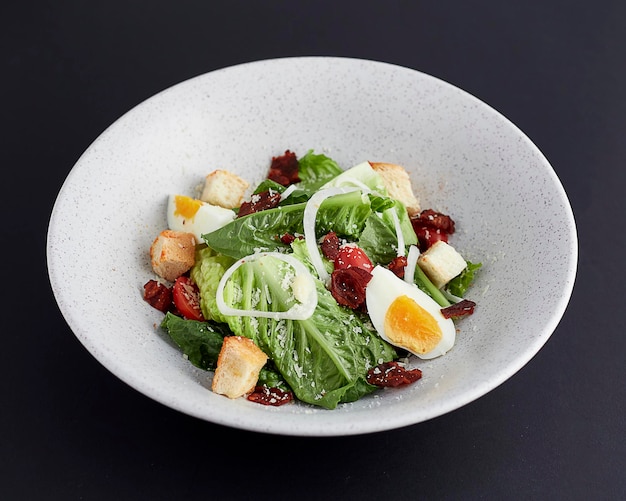 Boiled egg and ham with green cos lettuce salad topped with sliced onions croutons and cheese