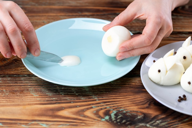 Boiled egg rabbit, Easter table decoration, Easter decor and table setting.