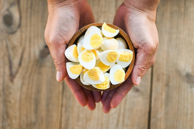 Boiled eggs food quail eggs on bowl breakfast eggs with fresh quail eggs on hand served on the table food