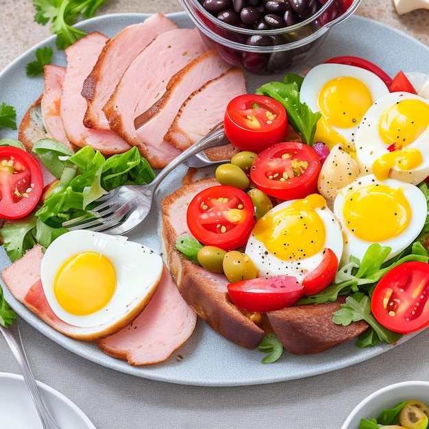 Boiled eggs ham olives tomatoes and fresh salad