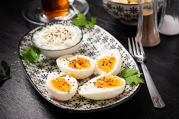 Boiled eggs with yogurt peppers parsley and cup tea Healthy diet food for breakfast