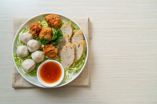 Boiled Fish Balls, Shrimp Balls and Chinese Fish Sausage with Spicy Dipping Sauce