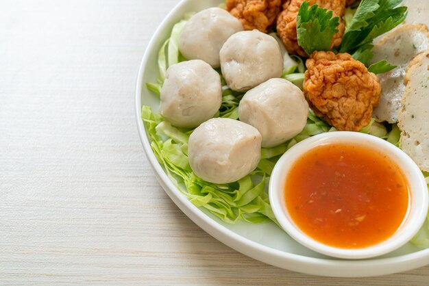 Boiled Fish Balls, Shrimp Balls and Chinese Fish Sausage with Spicy Dipping Sauce