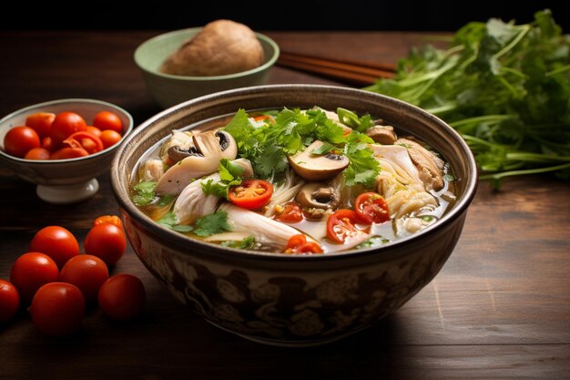 Boiled fish infusion with tomatoes mushrooms coriander spring onion and lemongrass in a bowl