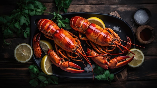 Boiled lobster with lemon and parsley on a black plate on a wooden table