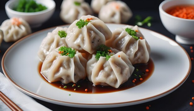 boiled meat dumplings on a plate and sprinkled with black pepper