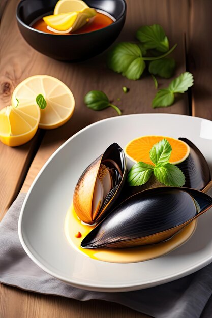 Photo boiled mussels on a white plate