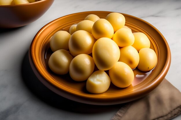 Boiled new potatoes in a plate on the kitchen table