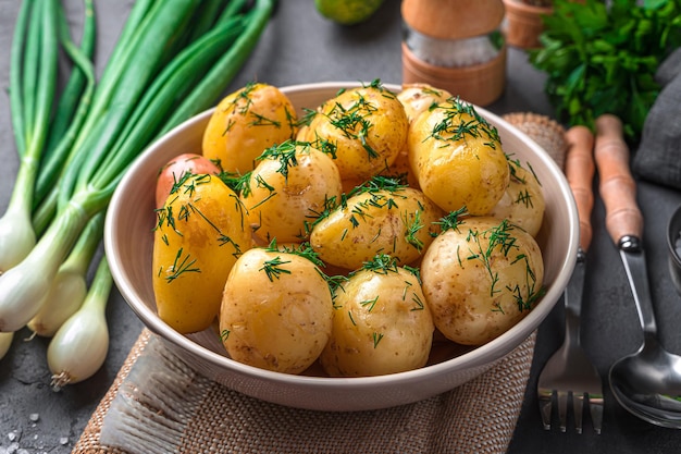 Boiled new potatoes with dill and butter on a dark background