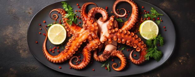 Photo boiled octopus tentacles on a stone plate sea food generative ai