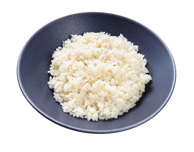 Boiled parboiled rice in gray bowl isolated