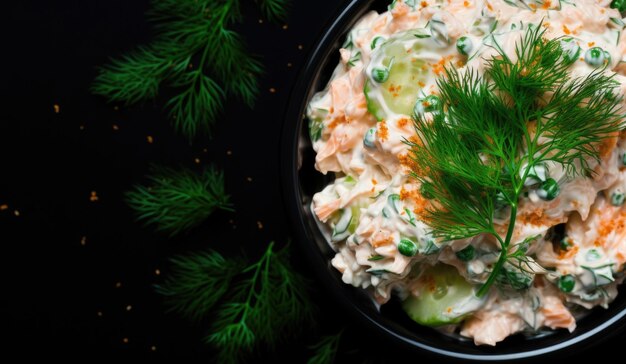 Фото Вареный картофель в белом соусе традиционный картофельный салат, украшенный укропом