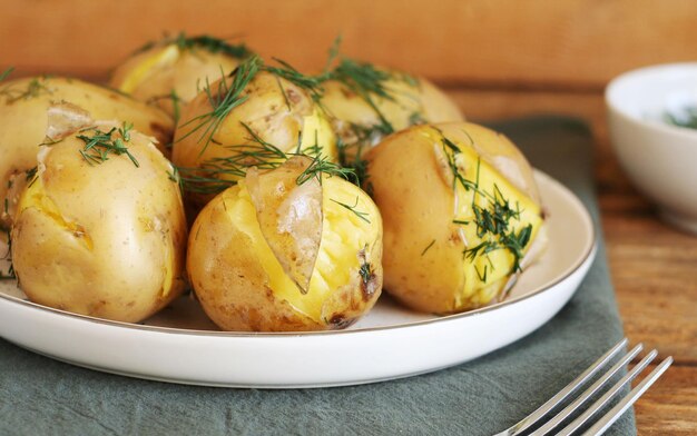 삶은 감자는 탁자 위의 녹색 수건 위에 접시에 놓여 있습니다. 뒤에는 딜 농장 음식 개념 한 그릇이 있습니다