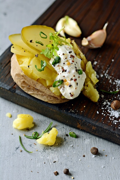 Boiled Potatoes in a peel in a bowl with spices and herbs