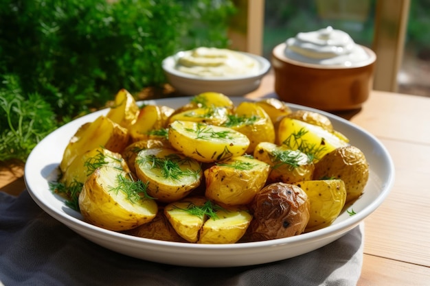 Варенный картофель с соусом Тарелка вкусного картофеля на солнечном фоне Генеративный ИИ