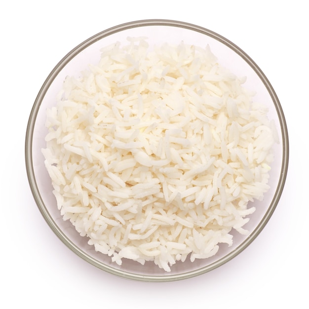 Boiled rice in a glass bowl isolated