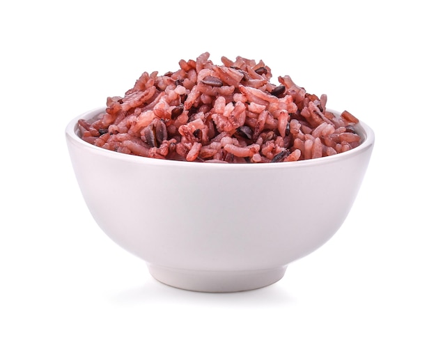 Boiled riceberry rice in bowl on white background