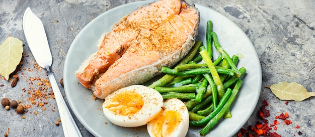 Boiled salmon steak