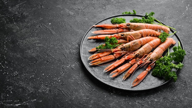 Boiled Scampi with parsley and spices on a black stone plate. Norway lobster on a black stone background. Top view. Free copy space.