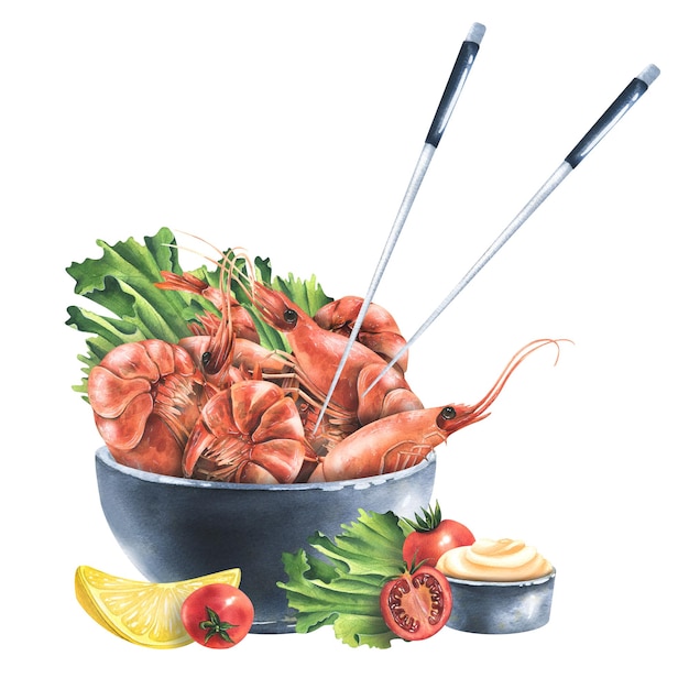 Boiled shrimp in a ceramic bowl with lettuce leaves lemon cherry tomatoes sauce and Chinese chopsticks Watercolor illustration Composition from the SHRIMP collection For decoration and design