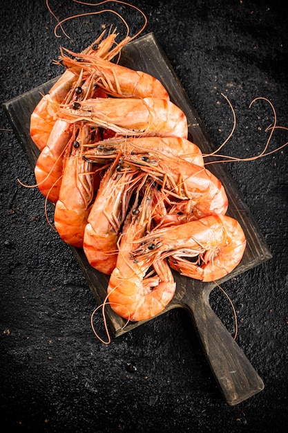 Boiled shrimp on a cutting board