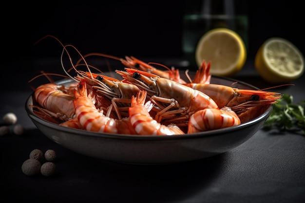 Boiled shrimp on a white plate with lemon on a black background seafood concession