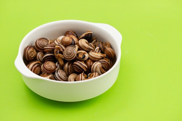 Boiled snails in the white bowl on green background