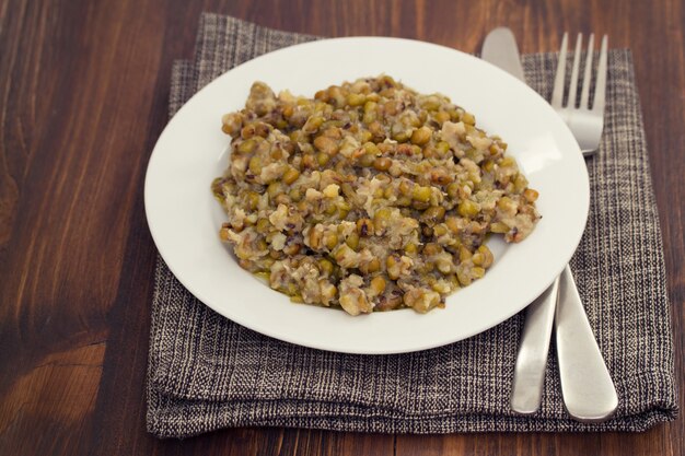 Boiled soya beans on white plate