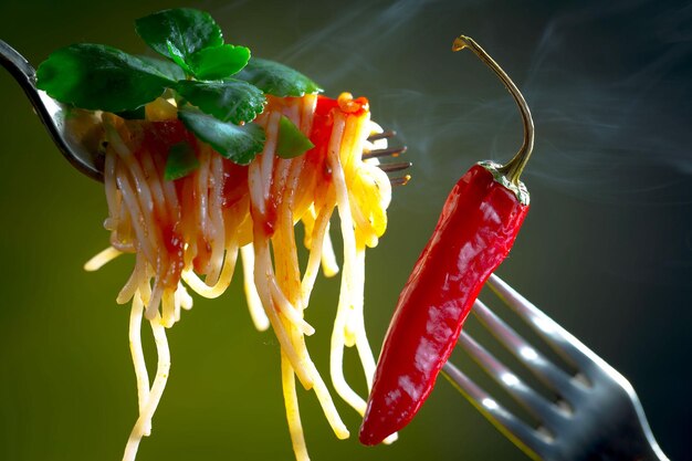 Photo boiled spaghetti with seasonings and vegetables on an old background