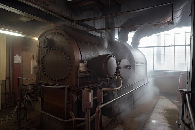 Boiler room with view of the steam and smoke rising from the boiler