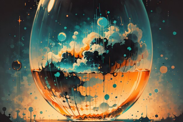 Boiling bubble cloud in glass bottle abstract picture wallpaper background illustration