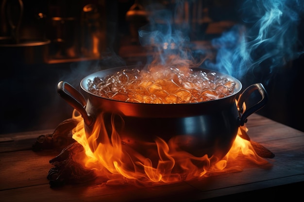 Boiling Cauldron Emits Dense Steam With Magical Potion