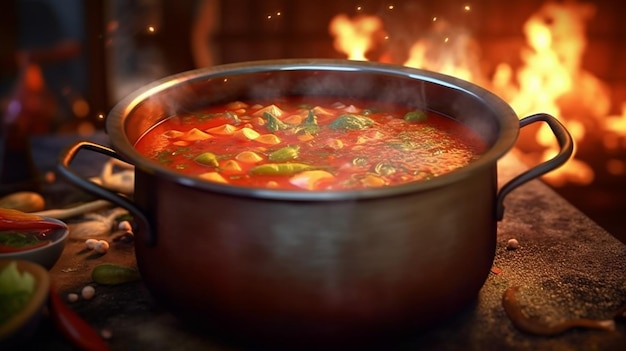 Boiling cauldron simmers hearty vegetable soup recipe