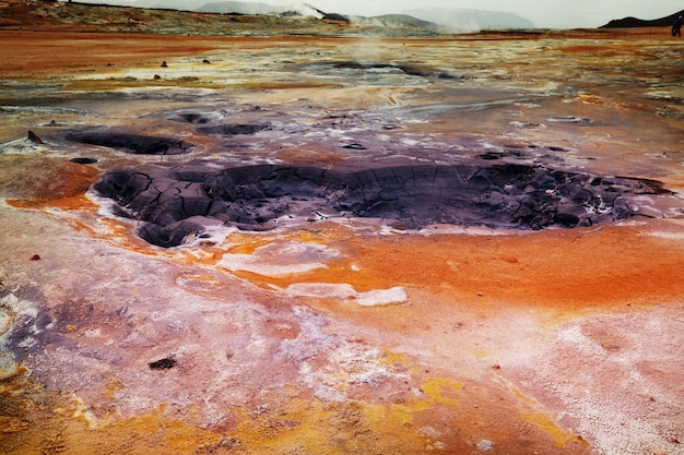 Boiling mud pools in a geothermal landscape in Iceland