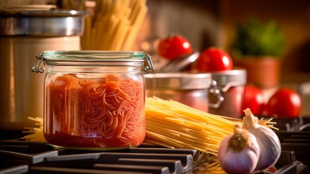 Foto bollire gli spaghetti con aglio cipolle e pomodori