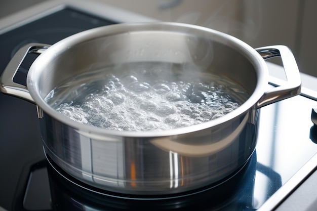 Фото Кипящая вода в металлической кастрюле на индукционной плите