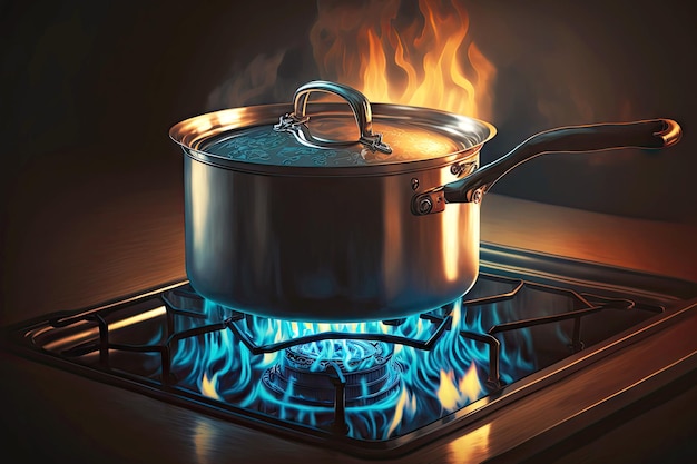 Boiling water in ladle on blue flame burner steel pot on gas burner