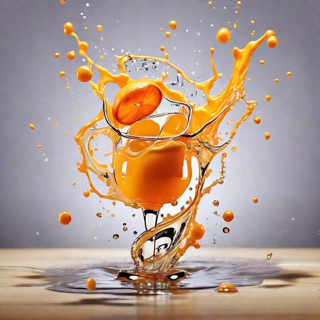 Boing 브랜드 오렌지 주스 음료와 액체 스프레치 역동적인 배경 다채로운