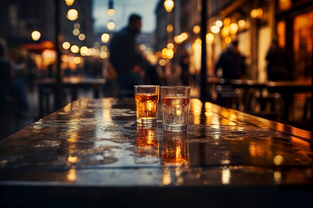 Foto bokeh-achtergrond van het terras van een pub in de schemering generatieve ai