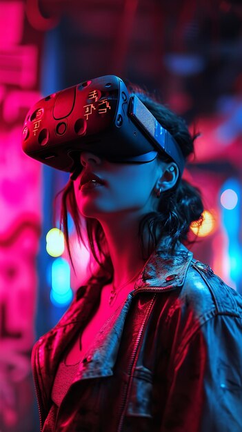 Боке привлекательной молодой женщины, смотрящей VR под неоновым светом Генеративный ИИ