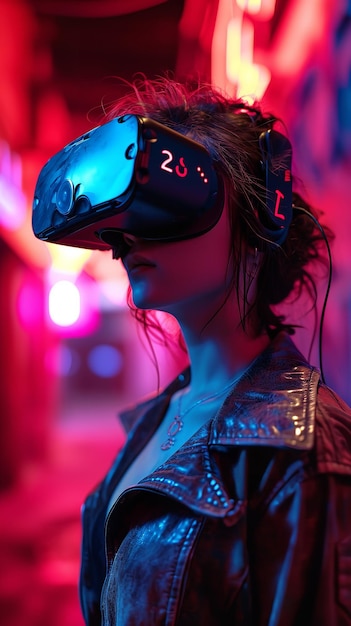 Боке привлекательной молодой женщины, смотрящей VR под неоновым светом Генеративный ИИ